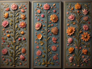 Seamless floral pattern adorning an antique wooden temple door in Thailand, showcasing intricate golden oriental carvings