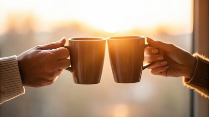 Two hands clinking coffee mugs against a sunset backdrop, symbolizing connection and warmth.