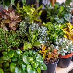 Variety of small potted succulents and other plants in various shades of green, yellow, and reddish-purple