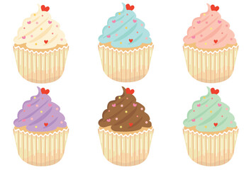 A set of cupcakes with hearts and sprinkles. 