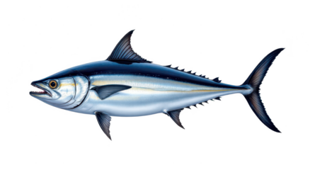 solo juvenile atlantic bluefin tuna on a white background, in a detailed style, with intricate lines, minimal shadow, bright light, high resolution