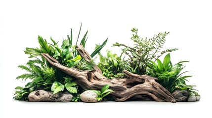 Set of green plants, wood roots and stones isolated on white background. Nature concept.