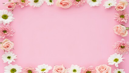 Elegant Floral Frame Pink Roses and Daisies on Pastel Background