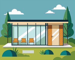 Modern House with Glass Facade and Landscaped Garden