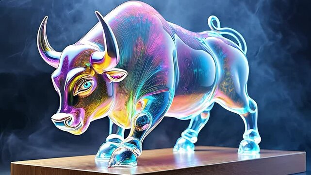 Iridescent glass bull paws its forefeet against the wooden platform, representing AI industry bull market business growth, rise in stock market prices, investment, returns, and economic expansion