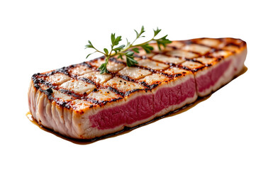 solo grilled atlantic bluefin tuna steak on a white background, in a detailed style, with intricate lines, minimal shadow, bright light, high resolution