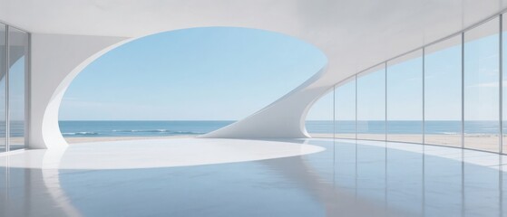Fototapeta premium Modern Architectural Interior with Curved Window Overlooking the Sea