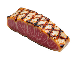 solo grilled atlantic bluefin tuna collar on a white background, in a detailed style, with intricate lines, minimal shadow, bright light, high resolution