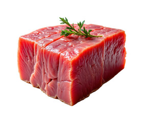 solo cooked atlantic bluefin tuna chunk on a white background, in a detailed style, with intricate lines, minimal shadow, bright light, high resolution