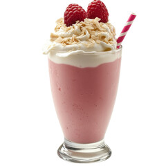 Raspberry milkshake topped with whipped cream and fresh raspberries served in a tall glass