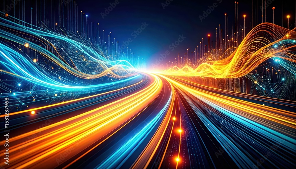 Poster glowing data streams flowing through abstract digital circuits