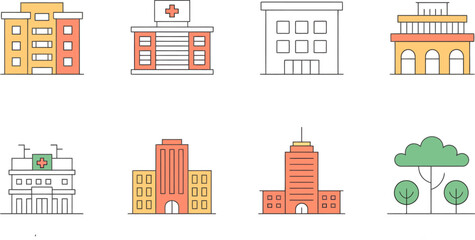 Buildings apartments office hospital skyscraper mall park editable vector icon set design illustration editable stock vector illustration