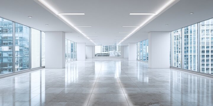 Bright, spacious, and modern empty office space with large windows and a polished floor, offering a blank canvas for any business venture. - Powered by Adobe