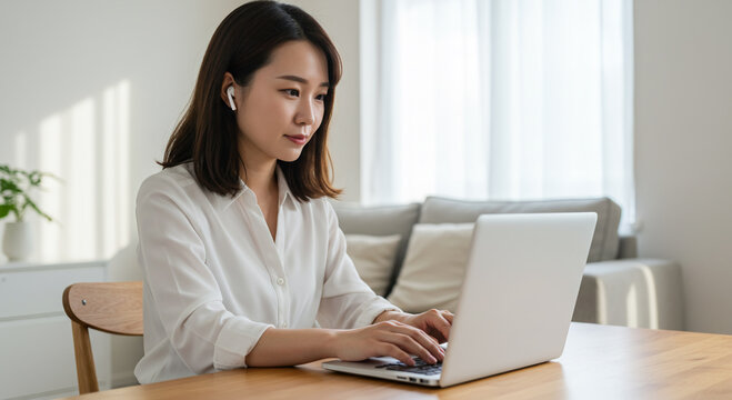 Focused Young Woman Working from Home on Laptop