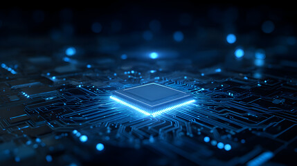 A computer chip is shown in a blue color
