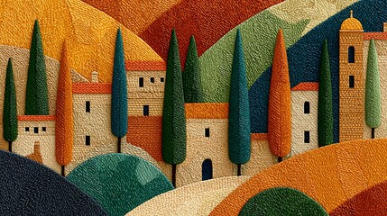 Surreal Fashion Illustration of Tuscan Countryside with Cypress Trees and Colorful Hills