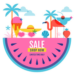 Summer sale banner, discount coupon, poster, voucher design. Vector illustration of tropical landscape on watermelon