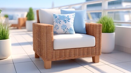 Cozy Brown Wicker Swivel Glider Chair with Blue Cushions for Stylish Outdoor Spaces