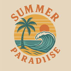 Vintage “Summer Paradise” Palm & Wave Vector Tee Design