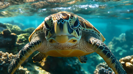 Fototapeta premium Close-up view of a sea turtle swimming in clear water over a coral reef.