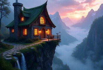 Charming stone cottage perched on cliffside overlooking mountain valley and sunset scenery