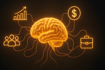 Illuminated Brain with Graphs, Dollar Sign, and Business Icons