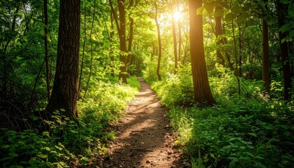 Obraz premium Lush Green Forest Pathway in Bright Summer Sunlight