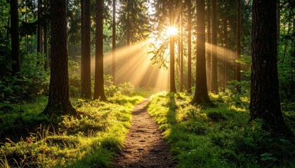 Fototapeta premium Serene Forest Path Leading to Sunlit Clearing Through Tall Trees