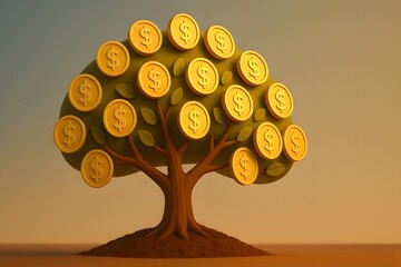 Golden Tree with Coins Symbolizing Wealth and Prosperity Growth