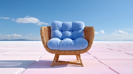 Cozy Blue Cushioned Wicker Swivel Chair Against Clear Sky Background