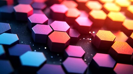 Abstract 3D Hexagonal Grid Animation with Vibrant Gradient Colors and Particle Effects - Powered by Adobe