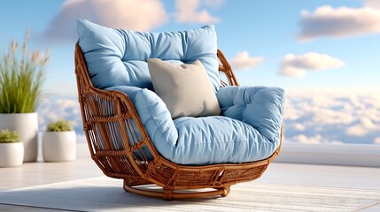 Cozy Brown Wicker Swivel Glider Chair with Blue Cushions in Serene Sky View