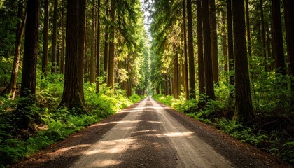 Naklejka premium Forgotten Logging Road Disappearing into Dense Forest Embracing Nature