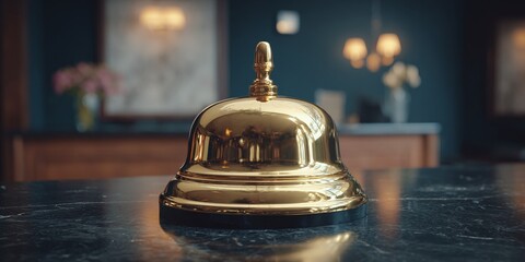 Elegant golden service bell on a dark marble counter.  Shallow depth of field brings focus to the shiny, bright gold bell in front of a blurred background.