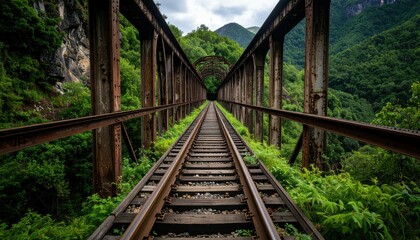 Fototapeta premium Forgotten Railway Bridge Overgrown with Vegetation in Deep Valley