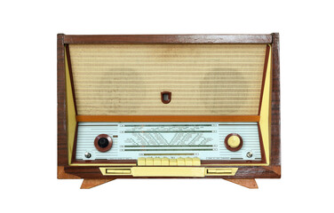 Antique vintage wooden radio isolated on white background.