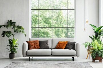 Modern light grey sofa with orange pillows isolated on white background
