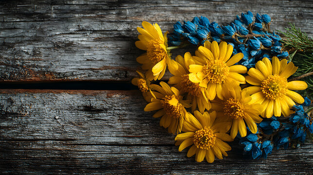 Swedish national day celebration with yellow flowers on rustic wooden background. Sveriges nationaldag. Horizontal banner. Copy space. National Day of Sweden