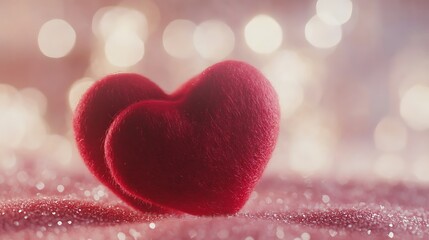 Obraz premium Two crimson felt hearts nestled together on a bed of pink glitter, bathed in soft, romantic light