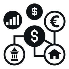 Dollar currency signs and finance icons illustrate business investment and financial success concepts in a 3D vector illustration
