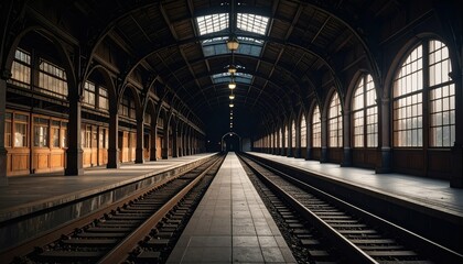 Abandoned Railway Station Platform with Empty Tracks and Pathway