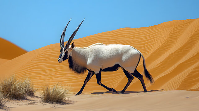 Arabian oryx walking across desert dunes