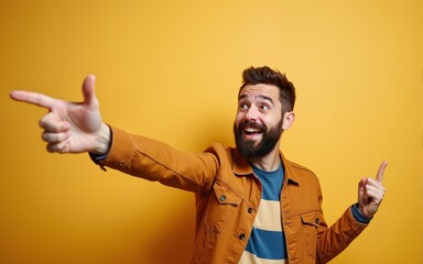 Fascinated, surprised and advertisement concept. Attractive surprised and wondered smiling, excited bearded guy with happy attitude, pointing left and stare impressed camera with awe and excitement