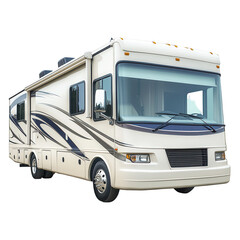 Large recreational vehicle parked at a scenic campground surrounded by trees during a sunny day
