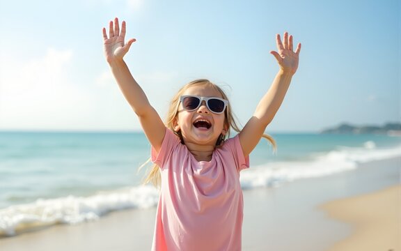 Happy child girl playing on beach emotional toddler in sunglasses 3 years old kid raised hands family travel lifestyle vacations outdoor. High quality