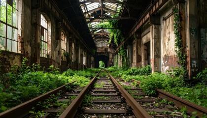 Abandoned Railway Track Winding Through Overgrown Industrial Area