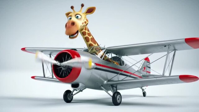 Giraffe piloting a tiny silver plane in whimsical illustration. Perfect for childrens books, travel blogs, and aviationrelated designs.