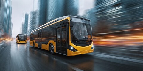 Obraz premium Modern public transportation: Sleek yellow and black city buses zoom down the street with motion blur, reflecting the vibrant energy and progress of urban life.