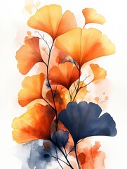 Ginkgo Biloba leaves are painted with watercolor in shades of orange and blue. Delicate brushstrokes create a vibrant display