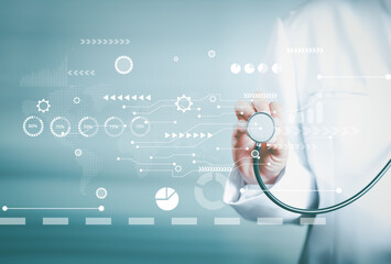 Medical technology, online health network, telemedicine concept. Doctor holding stethoscope with medical technology internet network connection, healthcare and medicine, hospital background